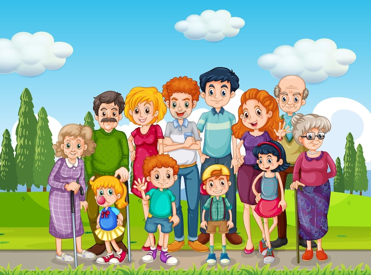 Vecteur gratuit scène extérieure avec grand groupe familial