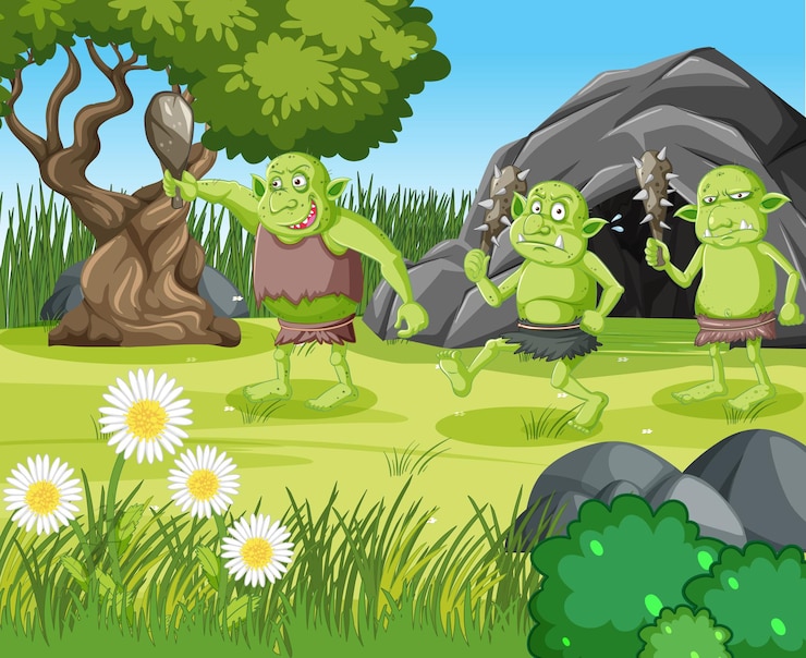 Vecteur gratuit scène extérieure avec personnage de dessin animé gobelin ou troll