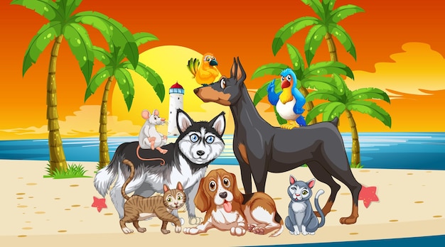 Vecteur gratuit scène extérieure de plage au coucher du soleil avec groupe d'animal de compagnie