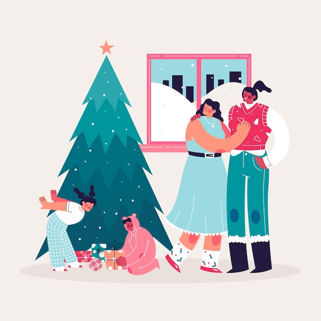 Vecteur gratuit scène de famille de noël dessiné à la main