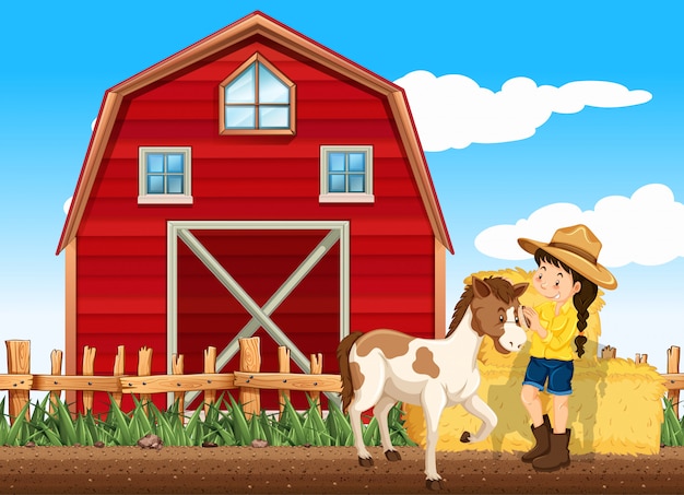 Scène de ferme avec fille et cheval à la ferme