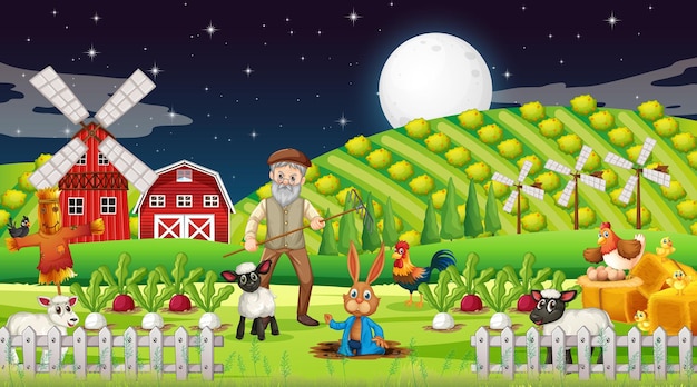 Scène De Ferme De Nuit Avec Un Vieil Agriculteur Et Des Animaux De La Ferme