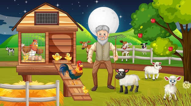 Scène de ferme de nuit avec un vieil agriculteur et des animaux de la ferme