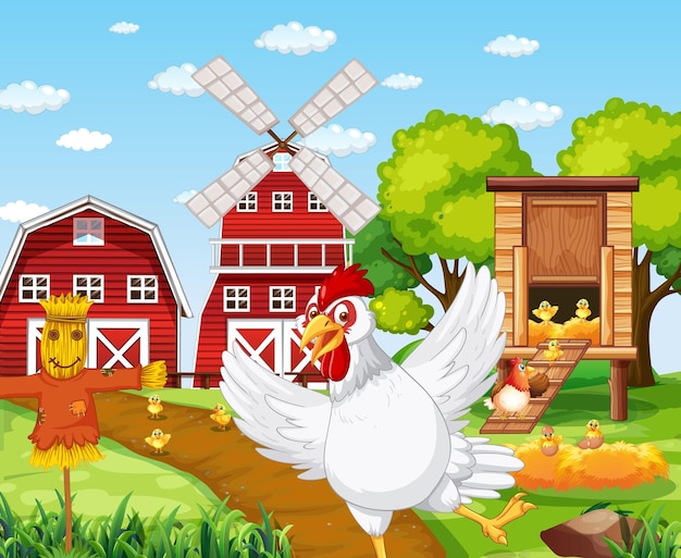 Vecteur gratuit scène de ferme avec personnage de dessin animé de poulet