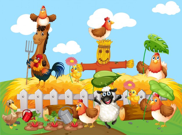 Scène de ferme avec style cartoon animal farm