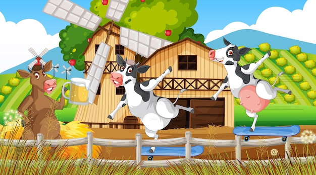 Vecteur gratuit scène de ferme de vache en plein air avec dessin animé d'animaux heureux