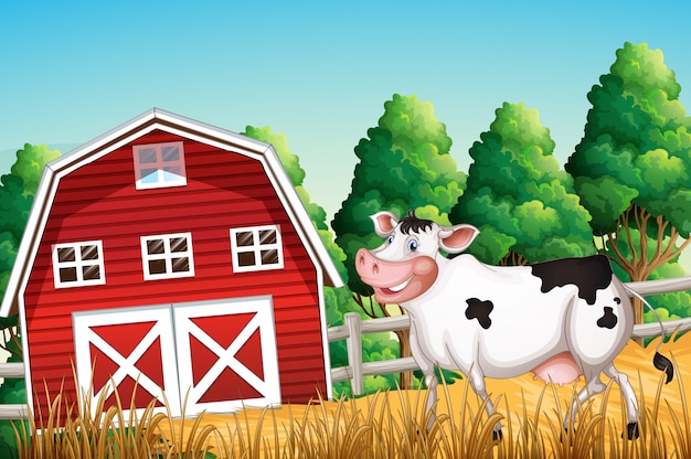 Vecteur gratuit scène de ferme avec vache