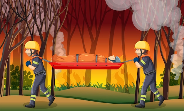 Scène de feu de forêt avec sauvetage de pompier en style cartoon