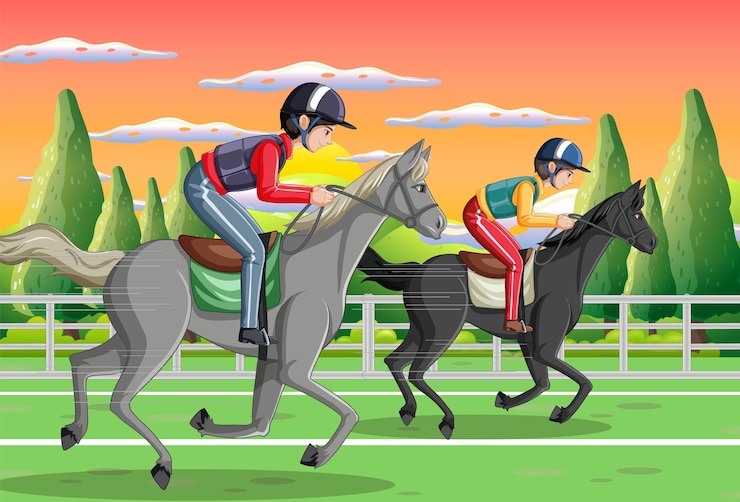 Vecteur gratuit une scène de fille à cheval sur un cheval à l'hippodrome