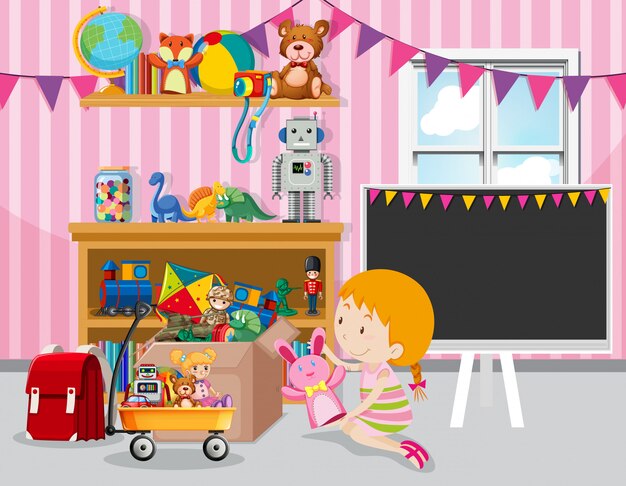 Scène avec une fille et de nombreux jouets dans la chambre