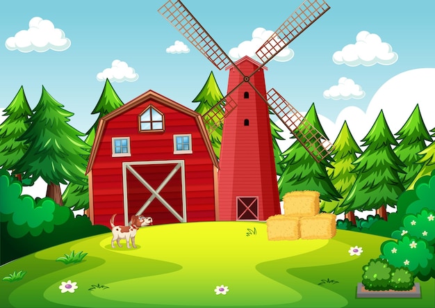Vecteur gratuit scène de fond avec grange rouge et moulin à vent dans la ferme