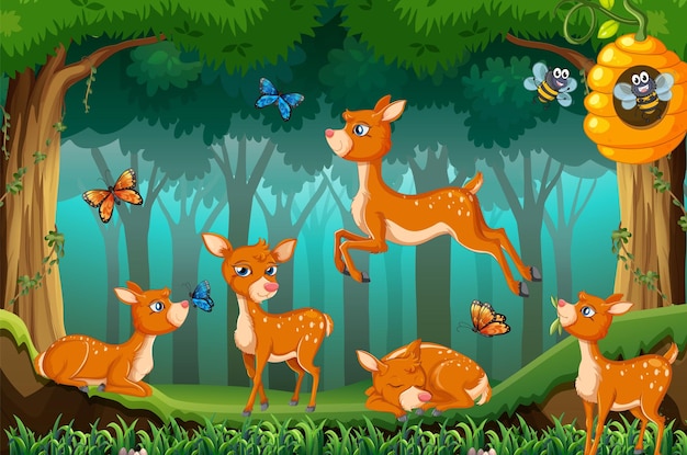 Vecteur gratuit scène de forêt avec des cerfs sautant
