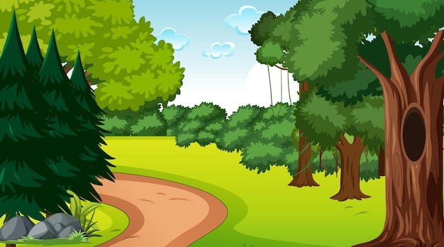 Vecteur gratuit scène de forêt avec divers arbres forestiers