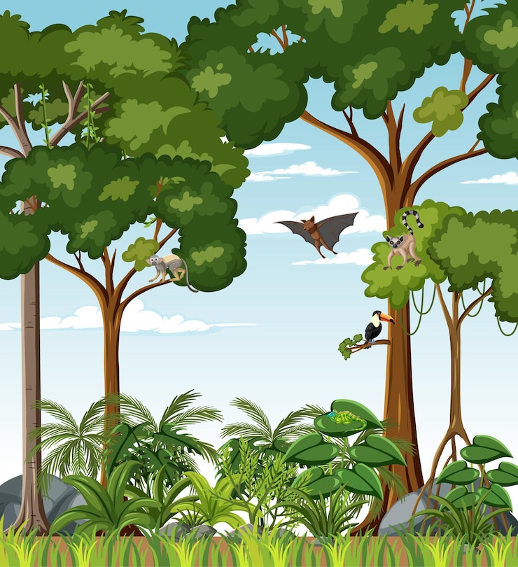Vecteur gratuit scène de forêt tropicale humide avec divers animaux sauvages