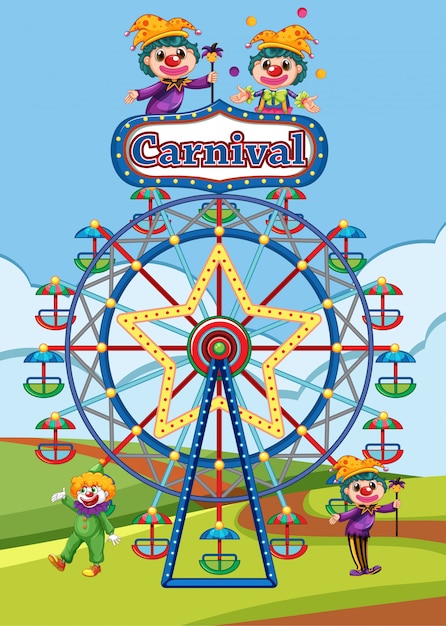 Vecteur gratuit scène avec grande roue et clowns dans l'illustration du parc