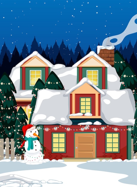 Vecteur gratuit scène d'hiver de noël avec maison couverte de neige
