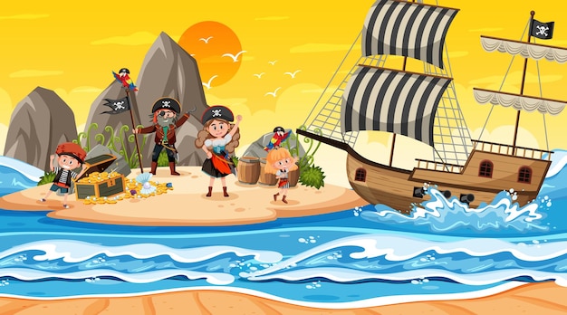 Scène de l'île au trésor au coucher du soleil avec des enfants pirates