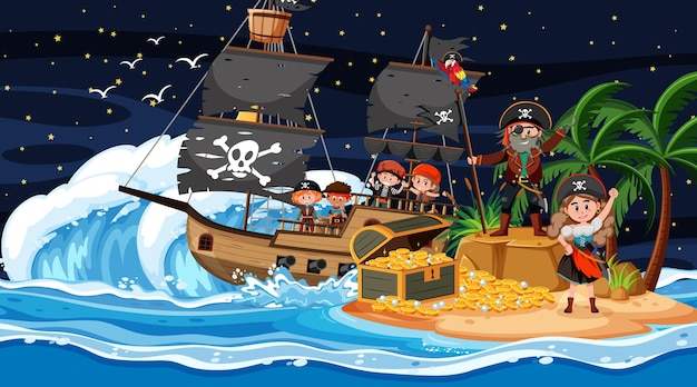 Scène de l'île au trésor la nuit avec des enfants pirates sur le bateau