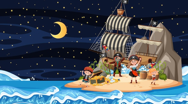 Scène de l'île au trésor la nuit avec des enfants pirates