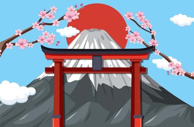 Vecteur gratuit scène japonaise avec la montagne fuji et la porte torii