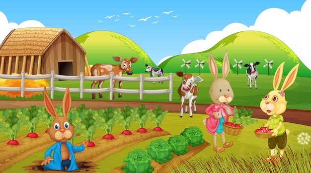 Scène De Jardin Avec Personnage De Dessin Animé De Famille De Lapin