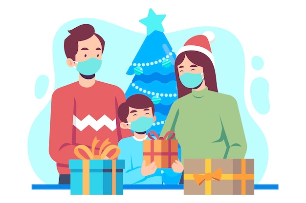 Vecteur gratuit scène de magasinage de noël portant des masques