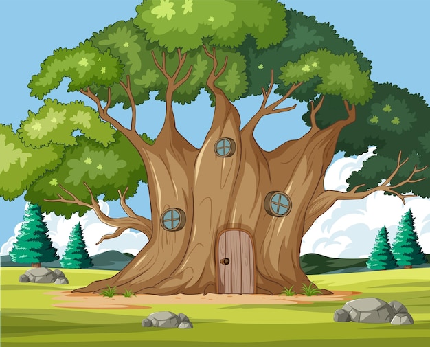Vecteur gratuit scène de la maison dans l'arbre de la forêt enchantée