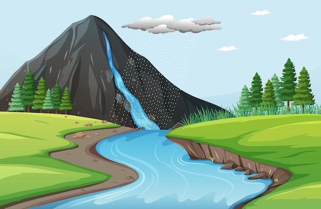 Vecteur gratuit scène de la nature avec des chutes d'eau de la falaise de pierre
