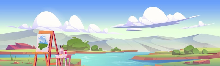 Vecteur gratuit scène de nature fluviale et de paysage de montagne sur chevalet