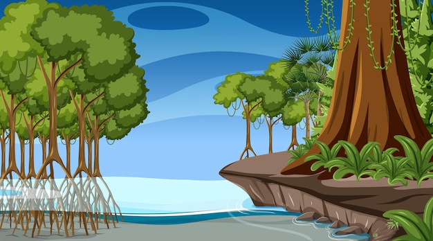 Vecteur gratuit scène de nature avec la forêt de mangrove pendant la journée en style cartoon