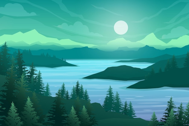 Scène de la nature avec rivière et collines, forêt et montagne, illustration de style dessin animé plat paysage