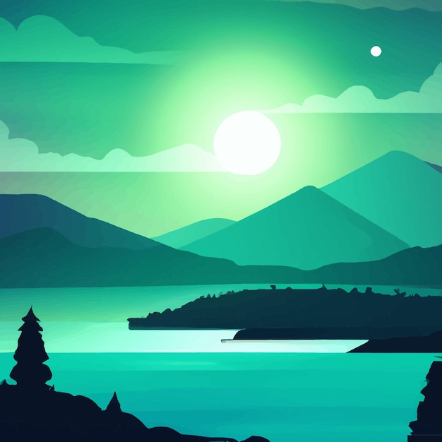 Scène de la nature avec rivière et collines, forêt et montagne, illustration de style dessin animé plat paysage
