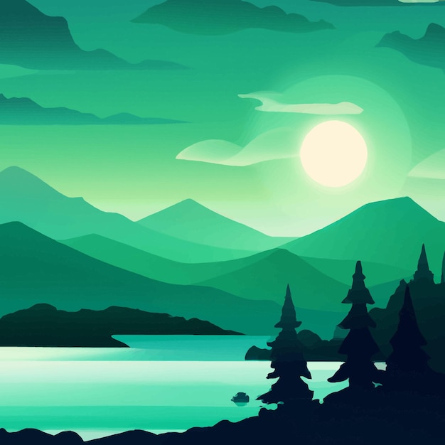 Scène de la nature avec rivière et collines, forêt et montagne, illustration de style dessin animé plat paysage