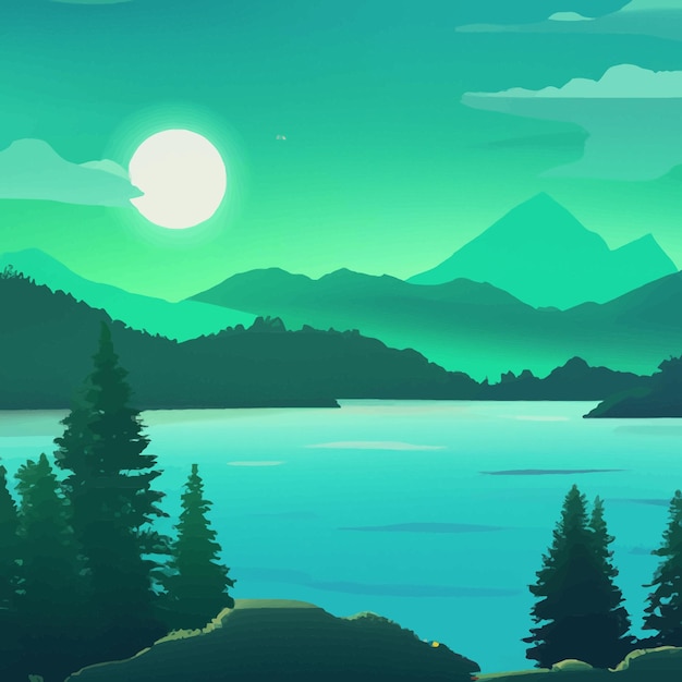 Scène de la nature avec rivière et collines, forêt et montagne, illustration de style dessin animé plat paysage