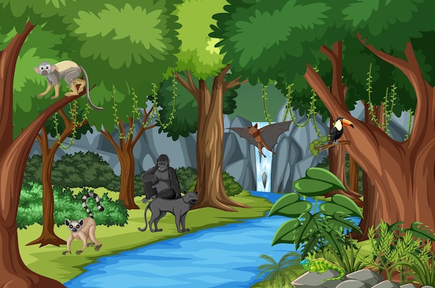 Scène de nature avec ruisseau qui coule à travers la forêt avec des animaux sauvages