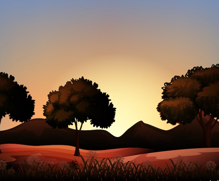 Vecteur gratuit scène de nature silhouette avec champ et arbres