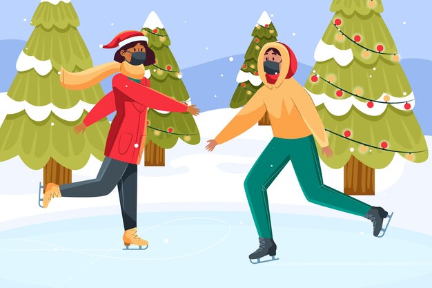 Vecteur gratuit scène de neige de noël - porter des masques