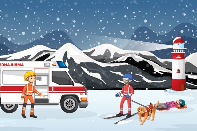 Scène de neige avec sauvetage pompier en style cartoon