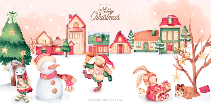 Vecteur gratuit scène de noël mignonne avec ville d'hiver et personnages