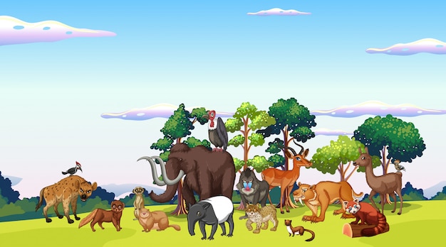 Vecteur gratuit scène avec de nombreux animaux dans le parc