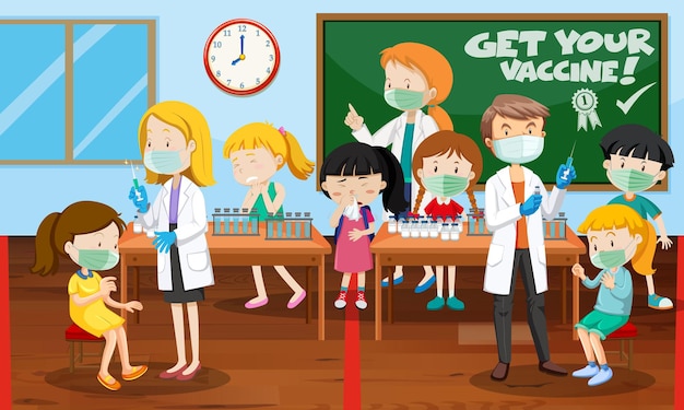 Vecteur gratuit scène avec de nombreux enfants recevant le vaccin contre le covid-19 et de nombreux médecins personnage de dessin animé