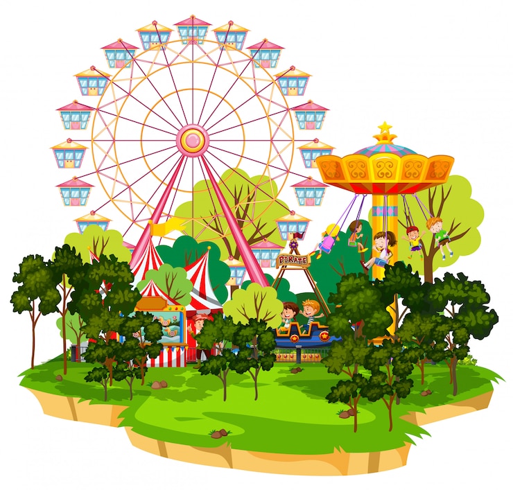 Vecteur gratuit scène avec de nombreux manèges dans le funpark sur fond blanc