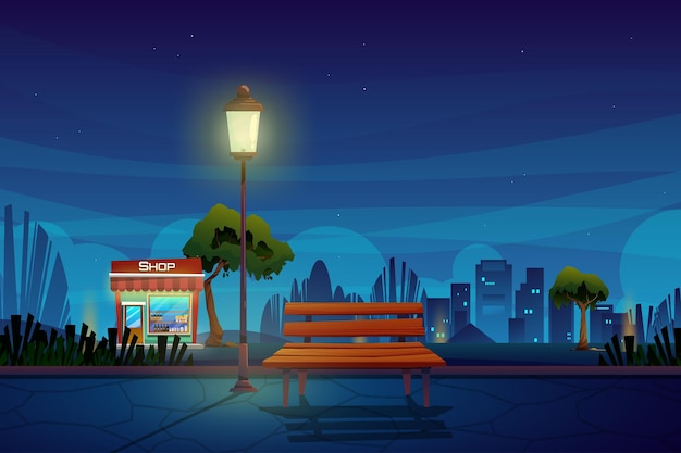 Scène de nuit avec magasin de boissons dans le paysage urbain de dessin animé de parc avec extérieur