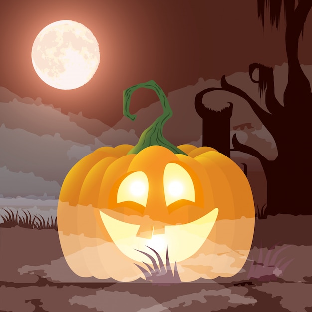 Vecteur gratuit scène de nuit noire halloween avec citrouille