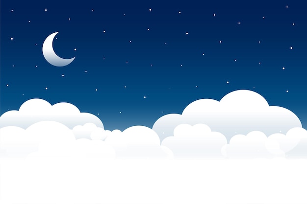 Vecteur gratuit scène de nuit de nuages duveteux avec la lune et les étoiles