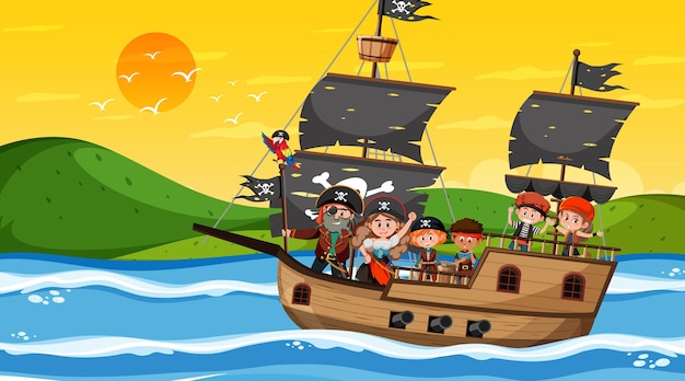 Scène de l'océan au coucher du soleil avec des enfants pirates sur le navire