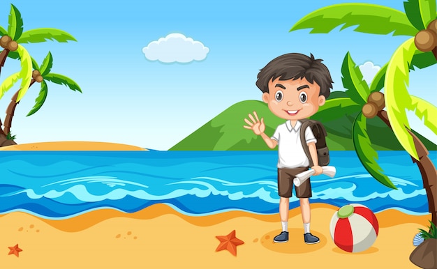 Vecteur gratuit scène de l'océan avec happy boy waving hello sur la plage