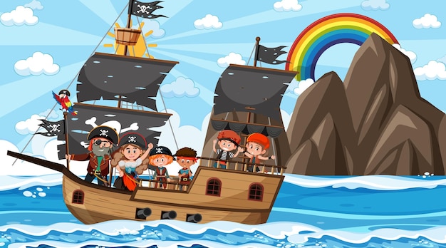 Scène de l'océan pendant la journée avec des enfants pirates sur le navire