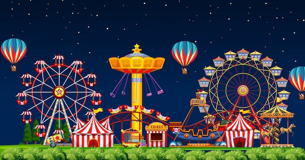 Scène de parc d'attractions la nuit avec des ballons dans le ciel