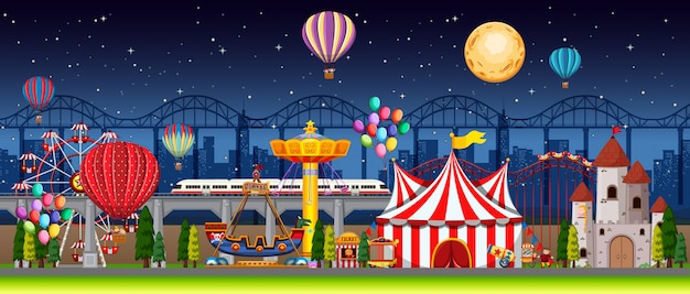 Vecteur gratuit scène de parc d'attractions la nuit avec des ballons et la lune dans le ciel